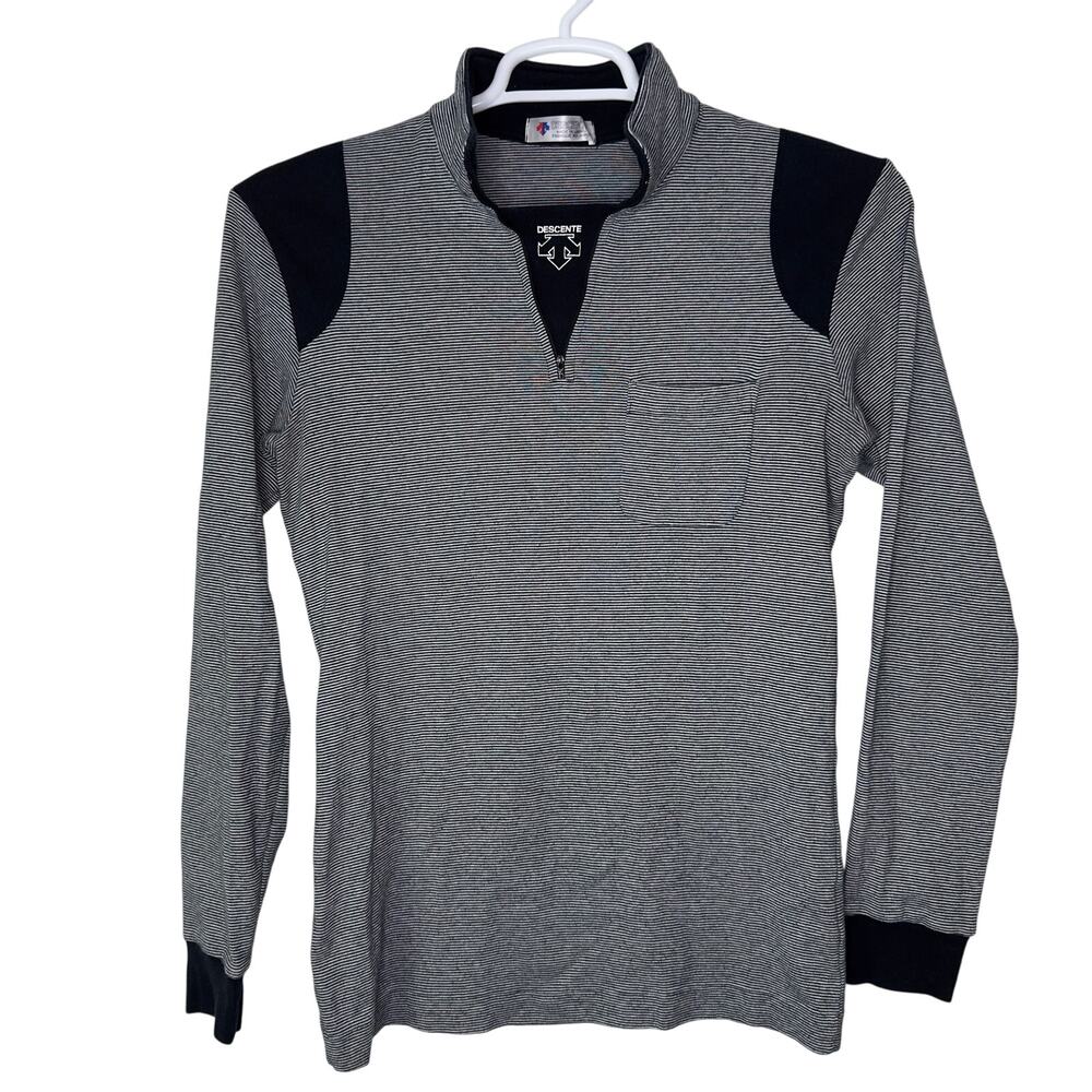 Vintage Descente 1/4 Zip Womens Medium Black White Striped Ski Winter Japan Made